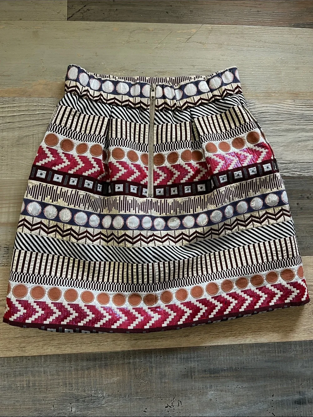 Nomad Woven Patterned A-Line Mini Skirt Red Black Cream Geo Pattern Office - Picture 6 of 9